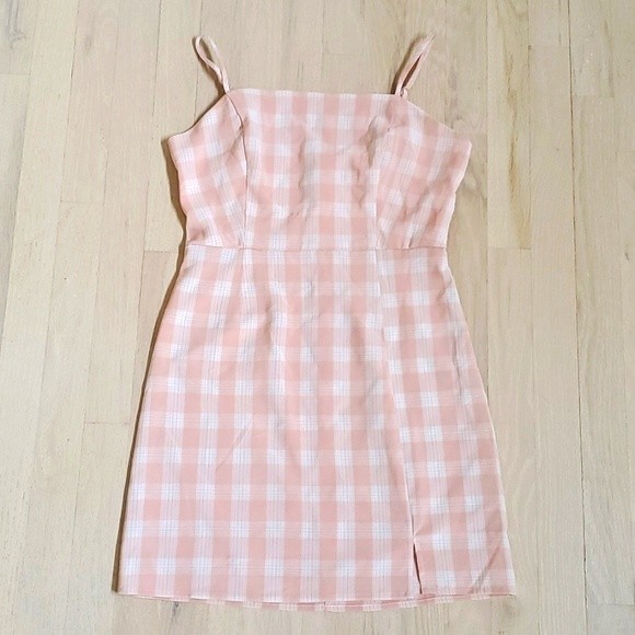 EUC BP. Womens Plaid Square Neck Mini Sundress Coral White Checkered Size M - Picture 3 of 9